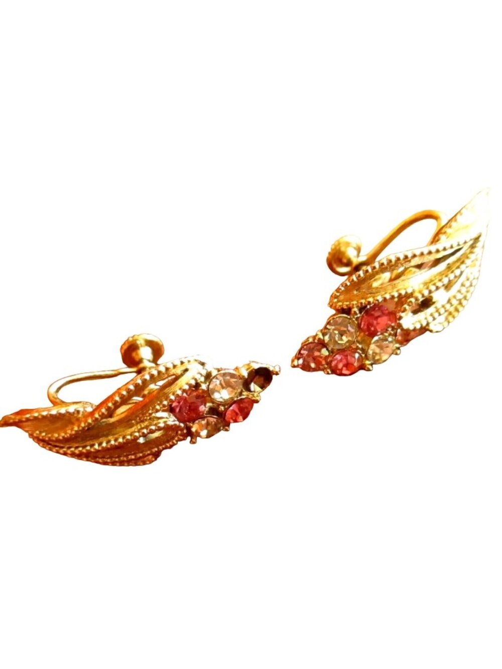 Vintage Coro Gold Tone Screw Back Earrings With Pink & Clear Rhinestones